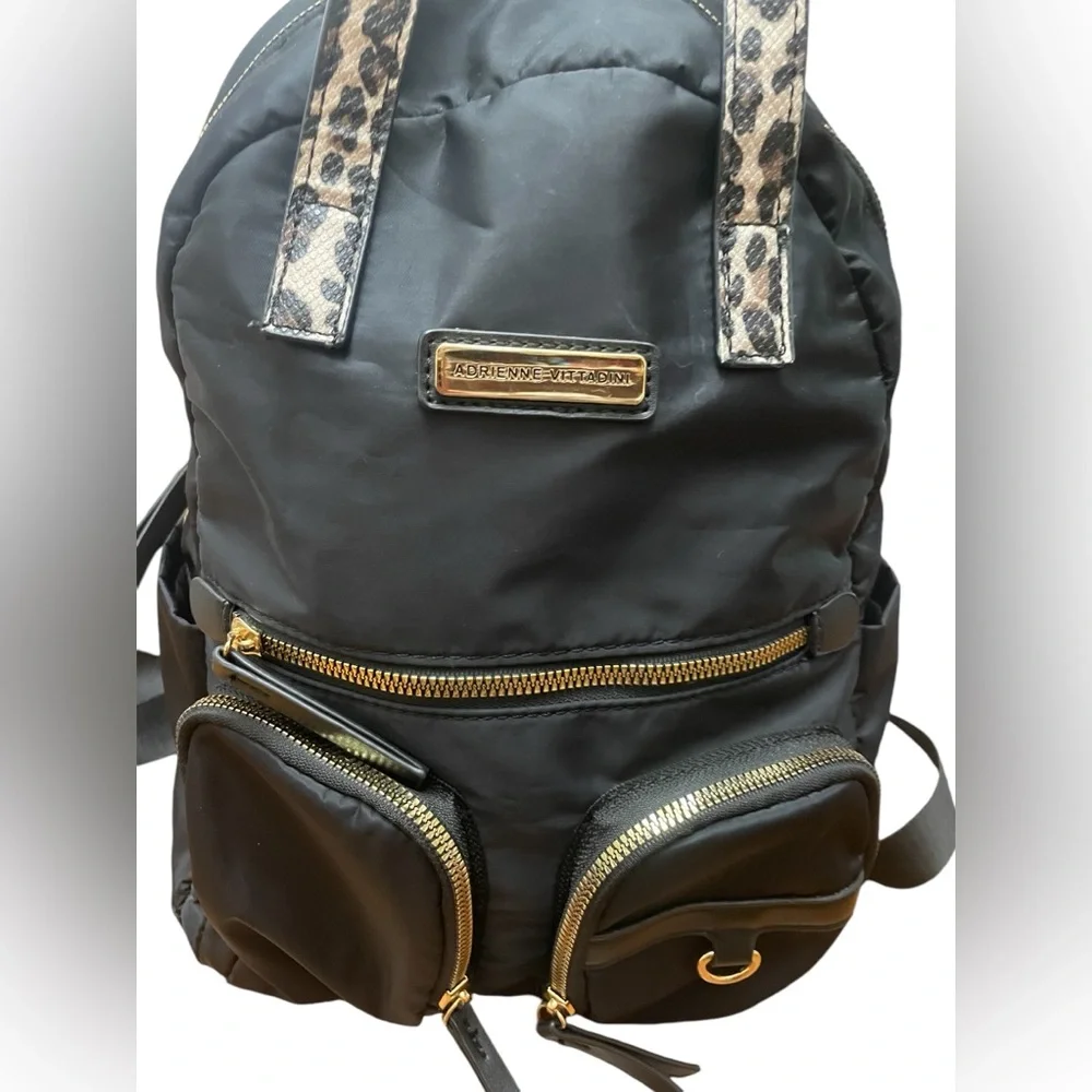 Adrienne Vittadini Top Handle Black and Leopard Print Backpack